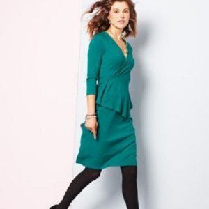 NEW Womens Garnet Hill 100% Wool Jersey Drape Peplum Dress S Teal